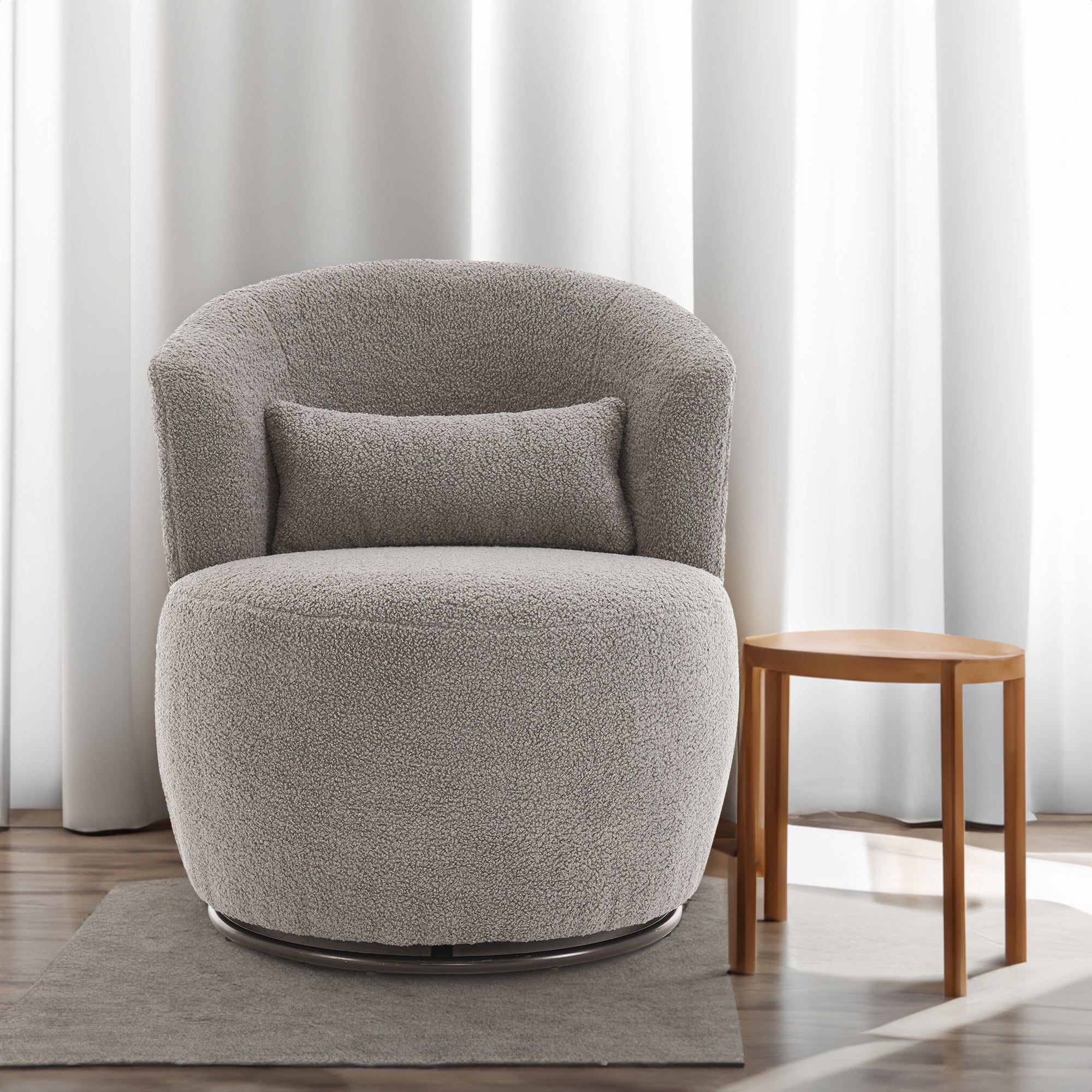 Grey Plush Swivel Accent Chair - Contemporary Round Armchair with 360° Rotation and Metal Base for Living Room Elegance