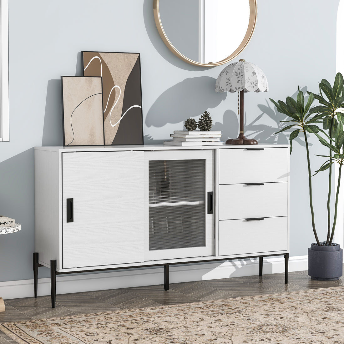 Modern characteristic storage cabinet side panel with glass sliding door and 3 drawers, dining table cabinet in white color