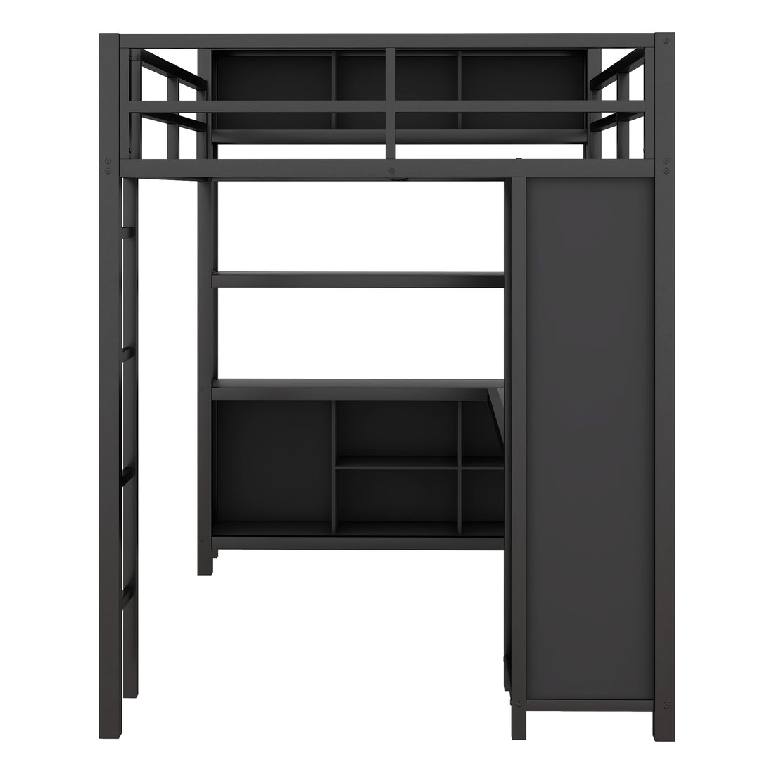 Metal loft bed with wardrobe and L-shaped desk, full-size loft bed with storage cabinet and shelf, heavy-duty loft bed, black