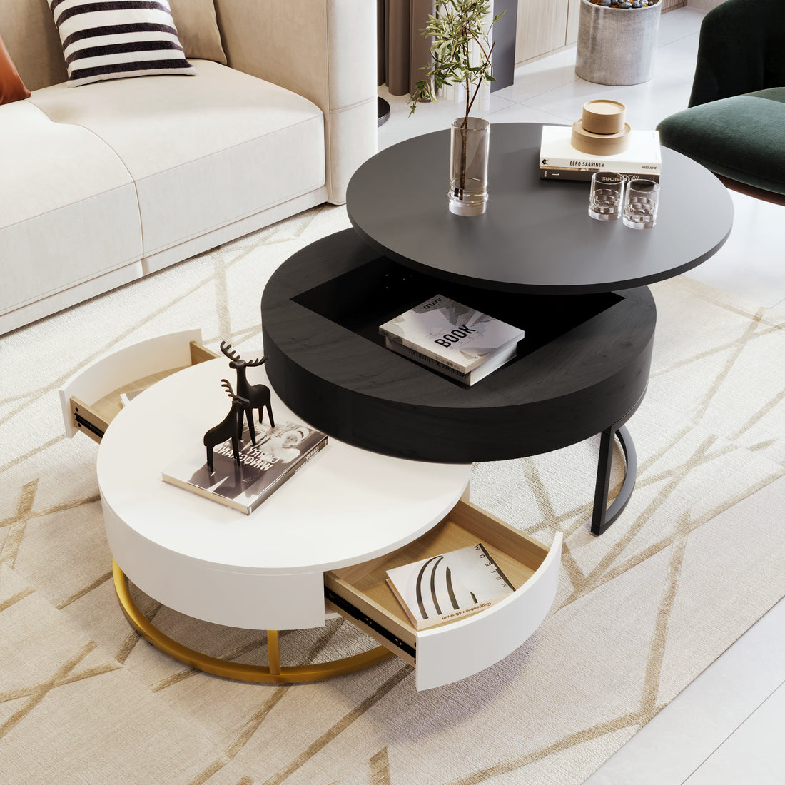 Modern Round Lift-top Nesting Coffee Tables with 2 Drawers White & Black