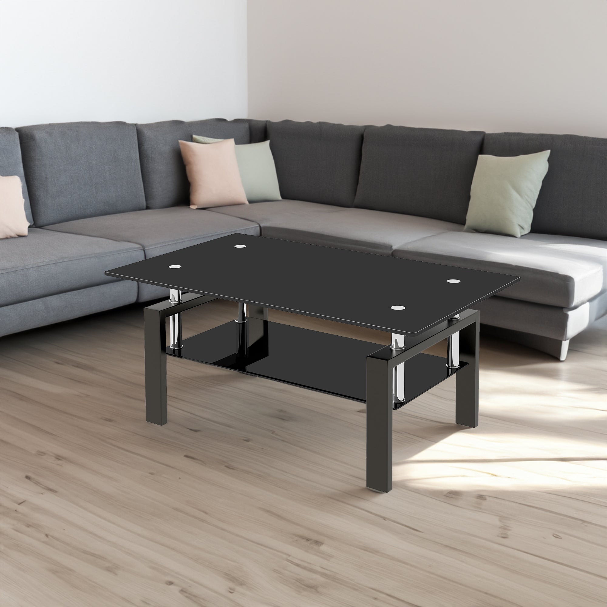 Black Tempered Glass Coffee Table, 2 Layer Storage Tea Table