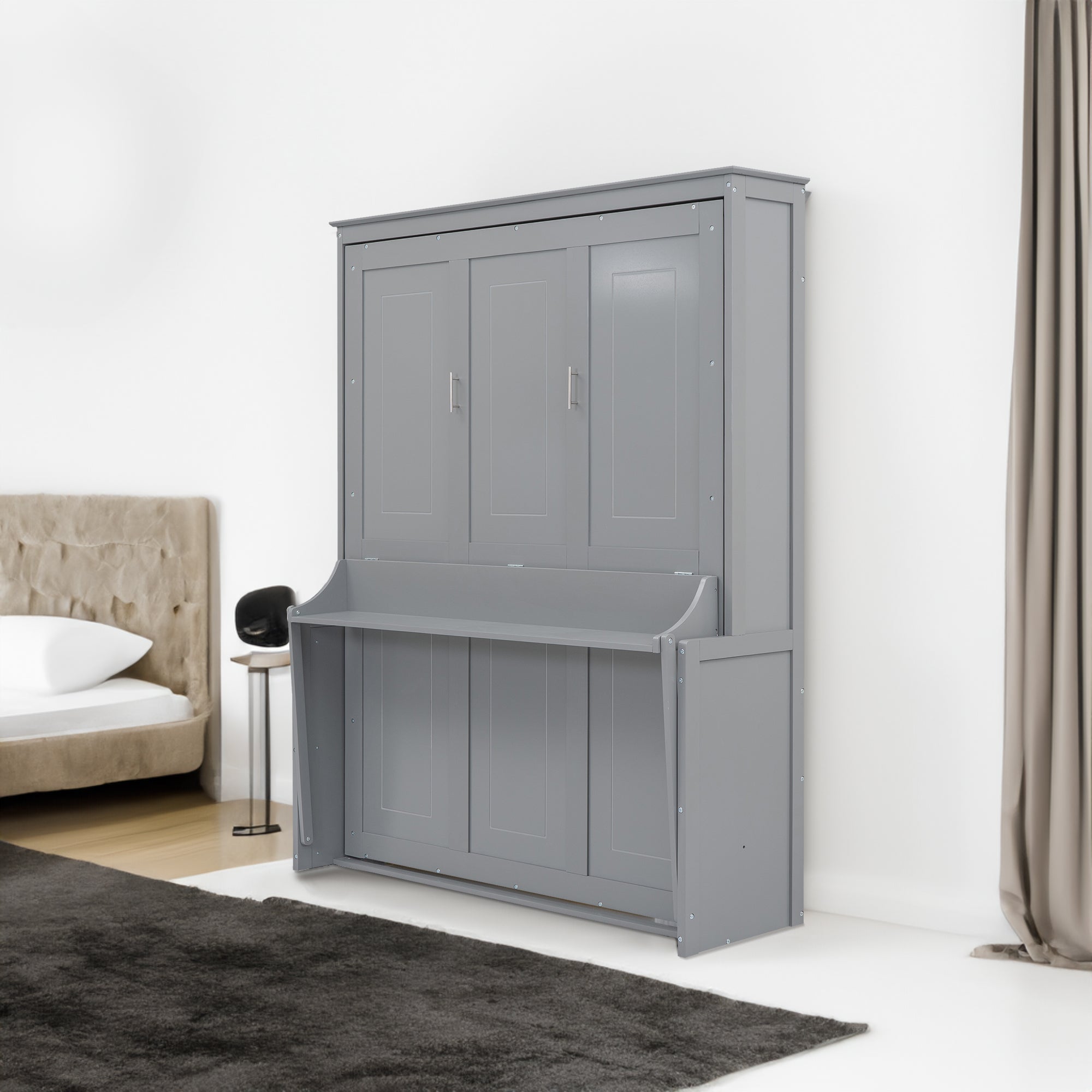 Queen Size Murphy Bed with a Shelf, Gray