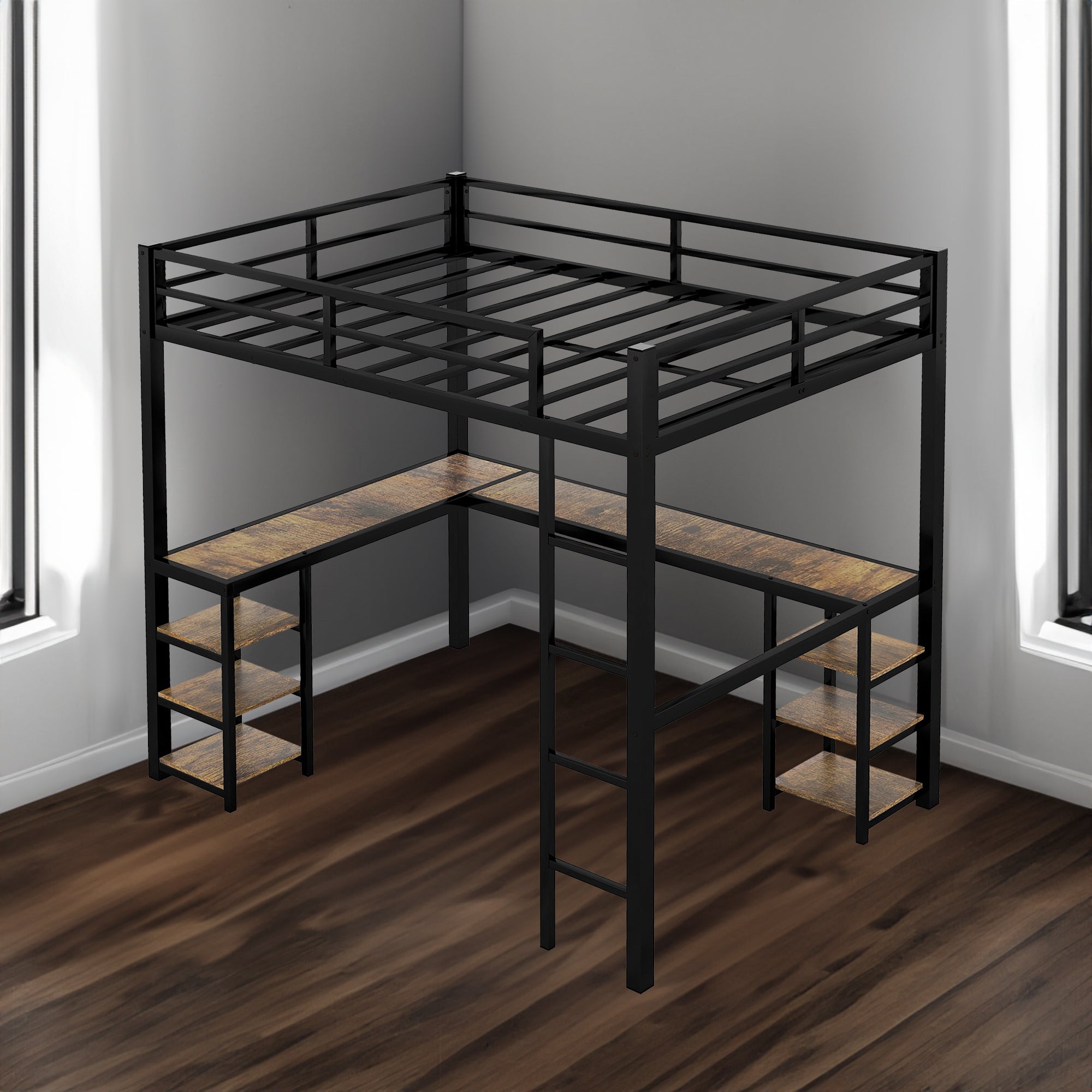 Full Metal Loft Bed with Desk and Shelves, Loft Bed with Ladder and Guardrails, Loft Bed Frame for Bedroom, Black