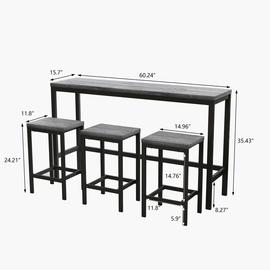 Modern Design Kitchen Dining Table Pub Table Long Dining Table Set with 3 Stools Easy Assembly Gray