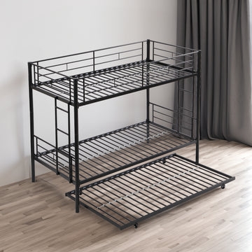 Twin bunk bed frame with trailer, metal bunk bed with sturdy guardrail and side ladder, can be divided into two beds, black