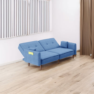 Living Room Bed Room Leisure Futon Sofa bed in Blue Fabric with Solid Wood Leg