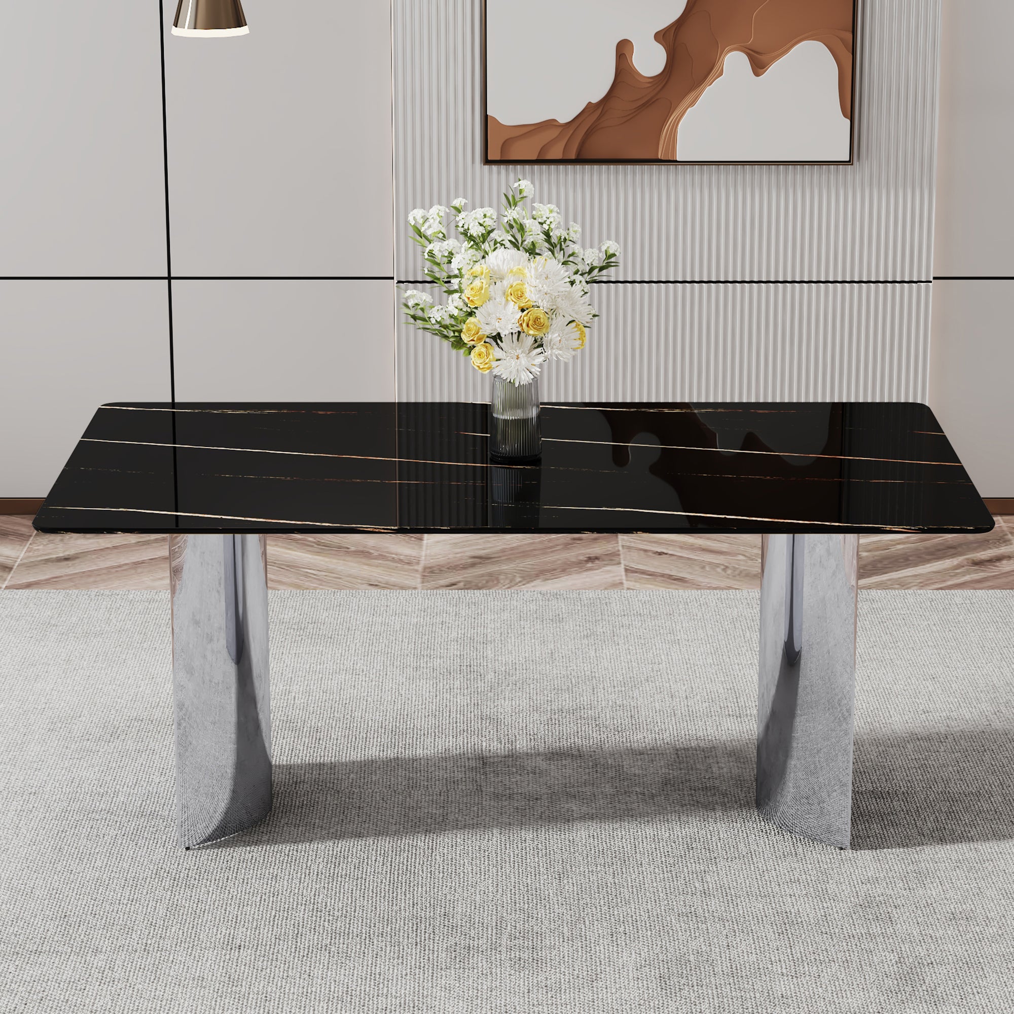 Modern minimalist dining table The black imitation marble glass desktop is equipped with silver metal legs