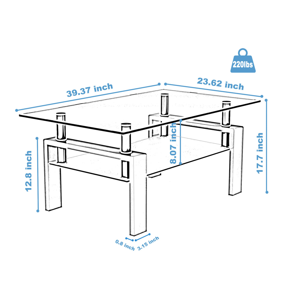 Rectangle Walnut Glass Coffee Table, Clear Coffee Table, Modern Side Center Tables for Living Room, Living Room Furniture