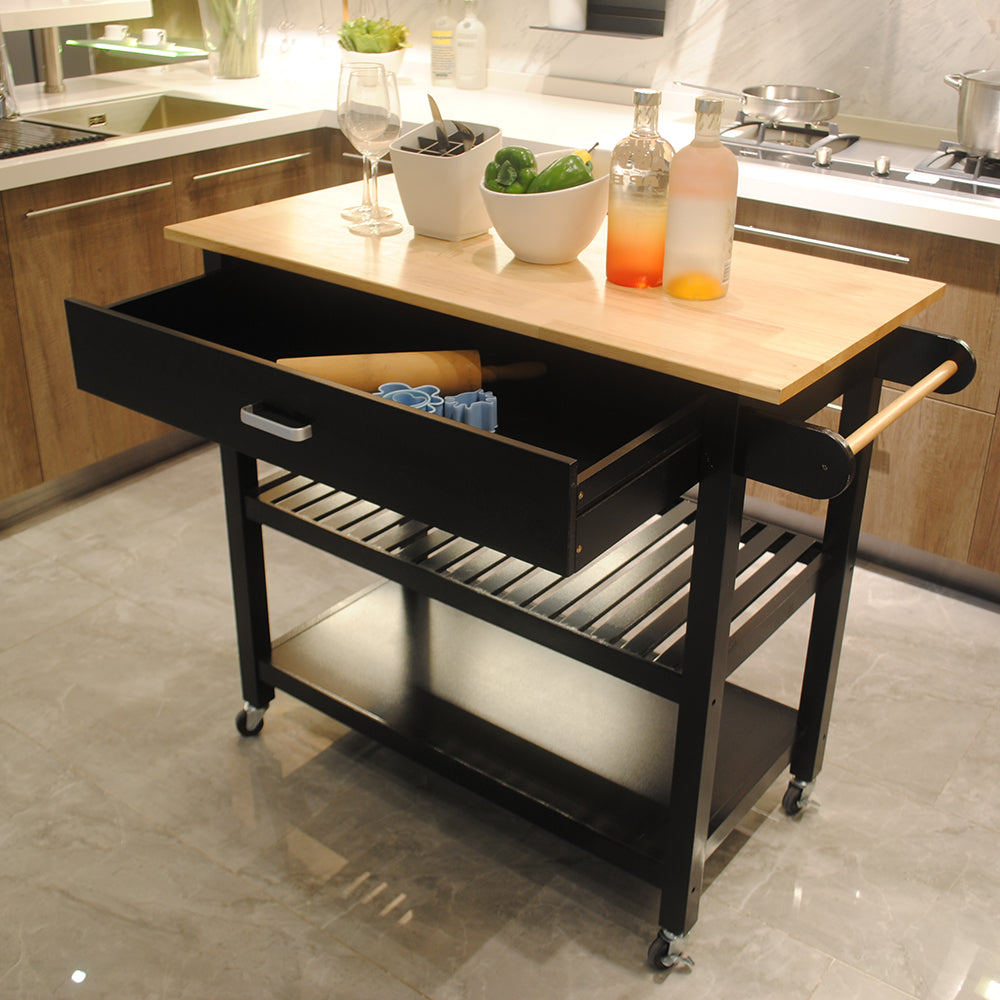 Kitchen Island & Kitchen Cart Mobile Kitchen Island with Two Lockable Wheels Rubber Wood Top