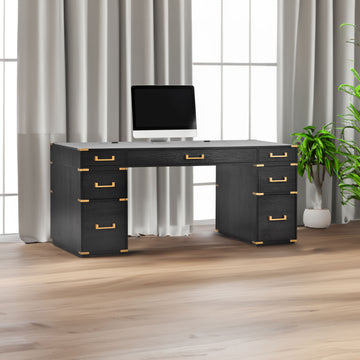 70 inch classic and traditional executive desk with metal trim, writing desk with 2 file drawers, USB ports, and sockets, black