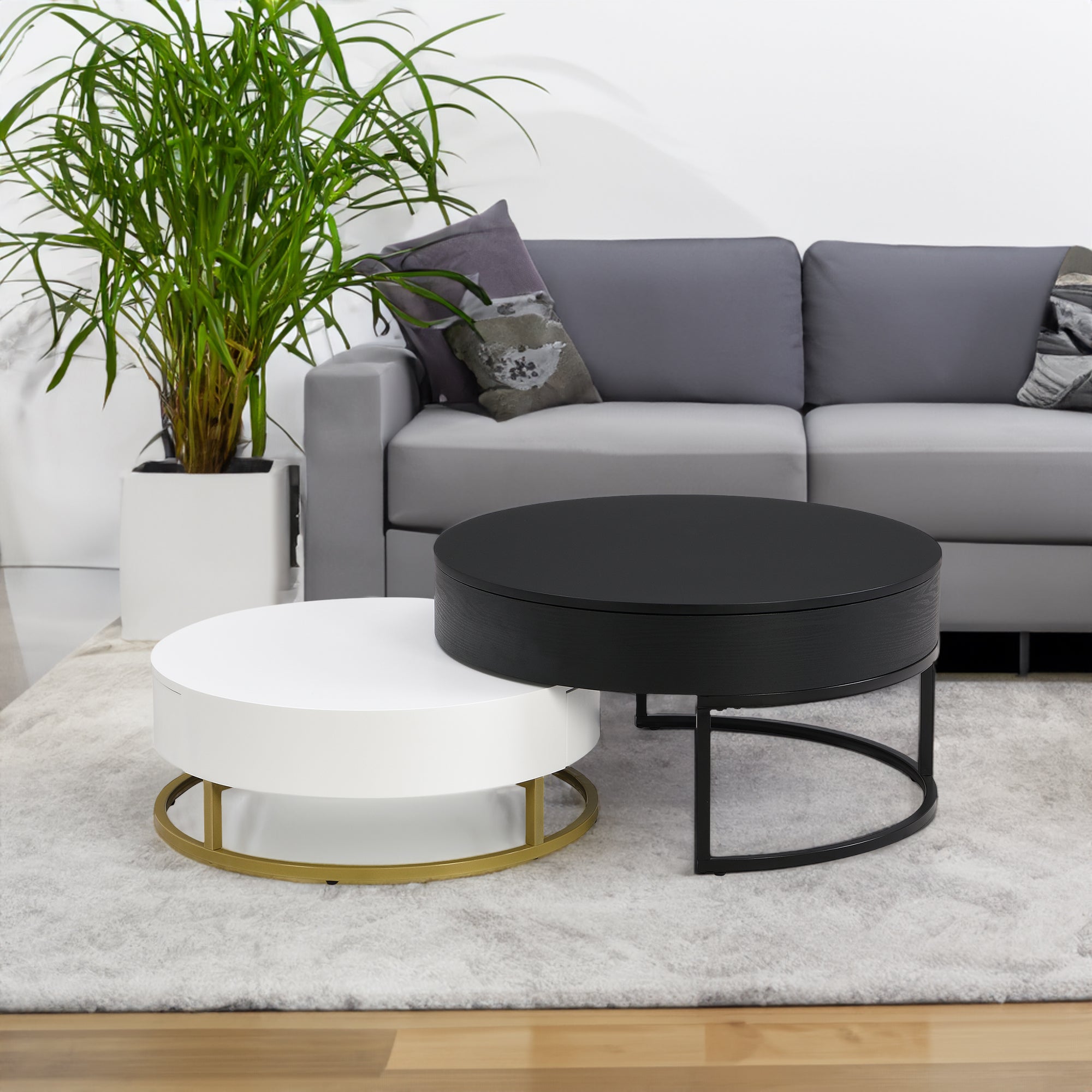 Modern Round Lift-top Nesting Coffee Tables with 2 Drawers White & Black