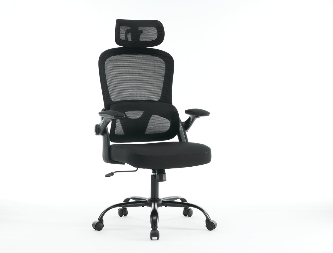 High backrest mesh office chair with 3D armrests, rotating computer task chair with adjustable 2D headrest, tilt function black