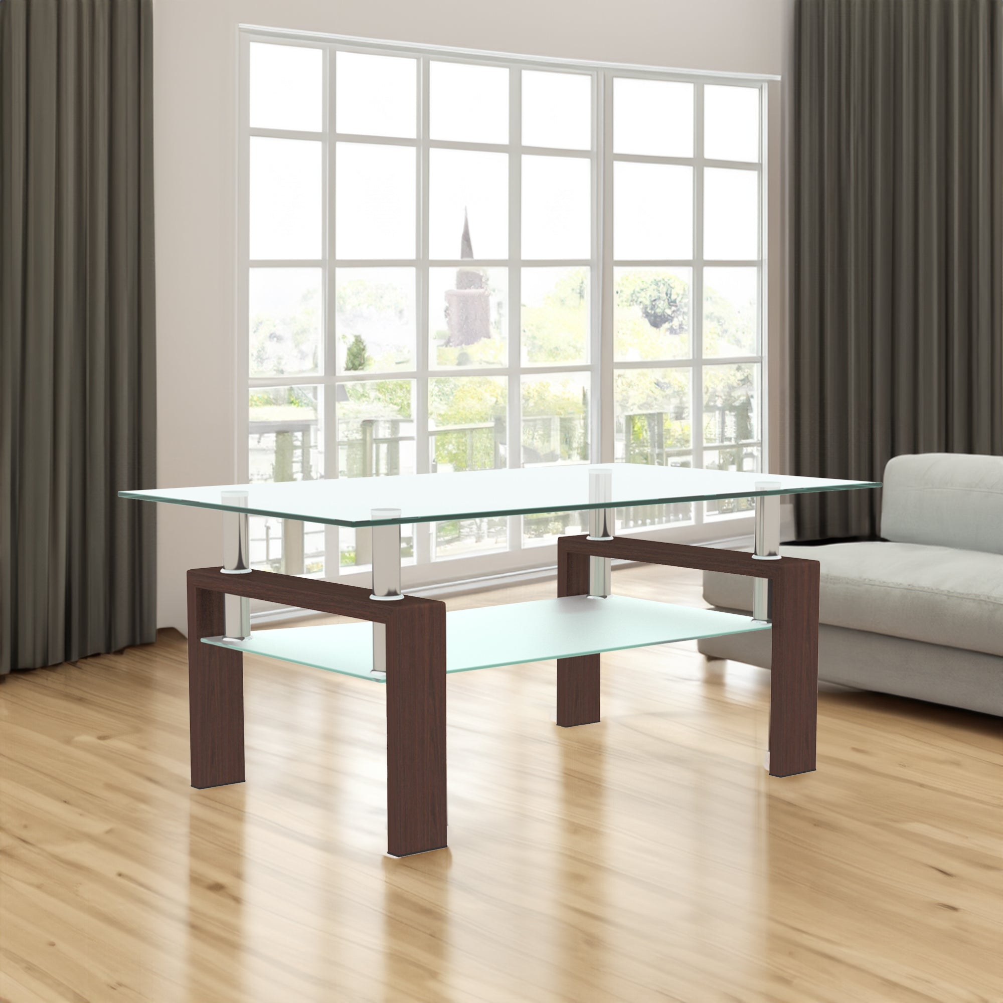 Rectangle Walnut Glass Coffee Table, Clear Coffee Table, Modern Side Center Tables for Living Room, Living Room Furniture