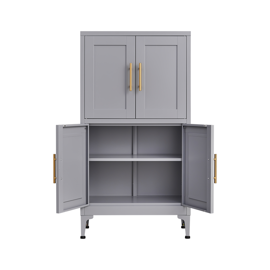 Grey metal kitchen storage cabinet, kitchen pantry storage cabinet with door and shelf, adjustable leveling feet