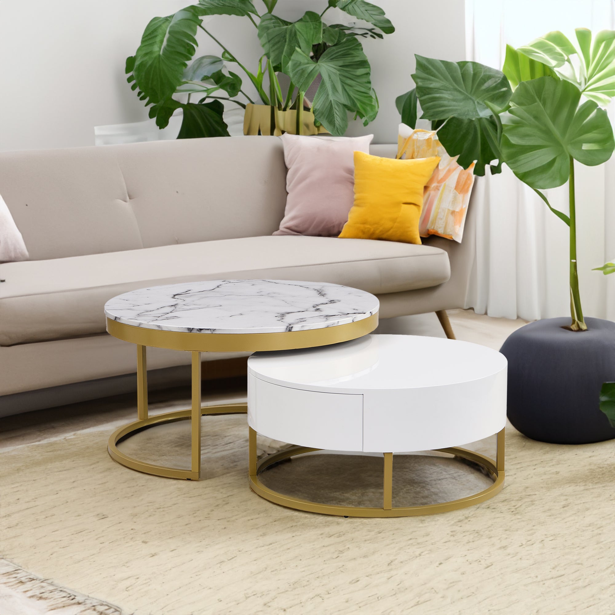 Modern Round Nesting Coffee Table with Drawers in White