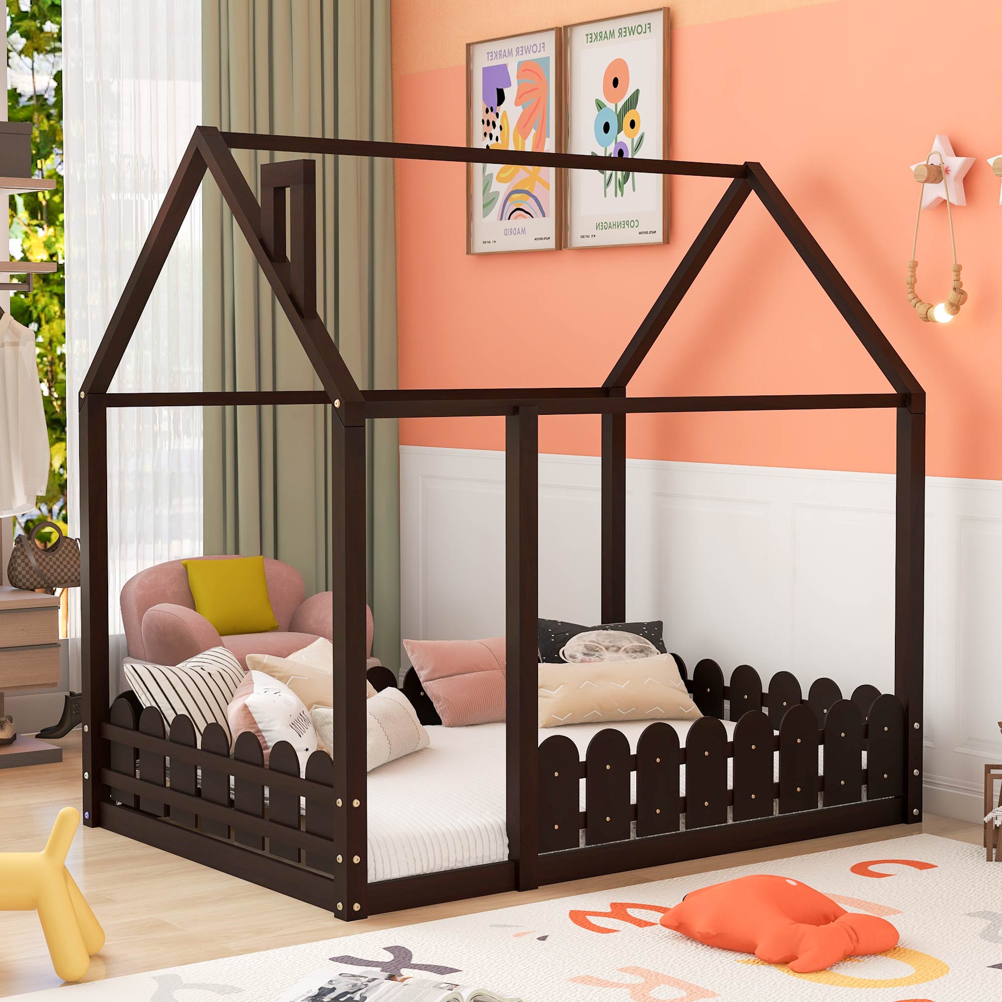 Espresso Full Size Wood  House Bed Frame with Fence for Kids Teens Girls and  Boys