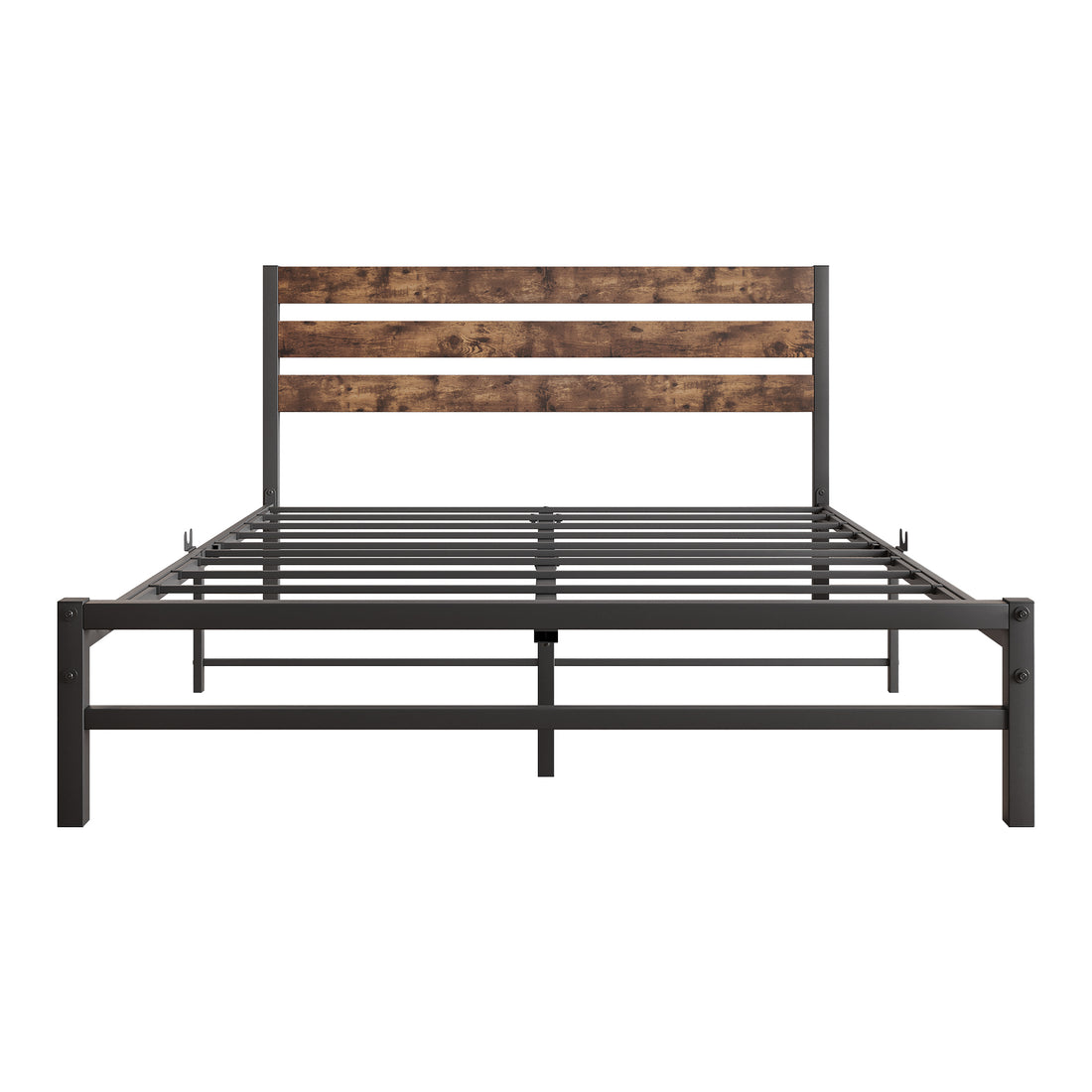 Queen Size Platform Bed Frame with Rustic Vintage Wood Headboard Strong Metal Slats Support Mattress Foundation Rustic Brown