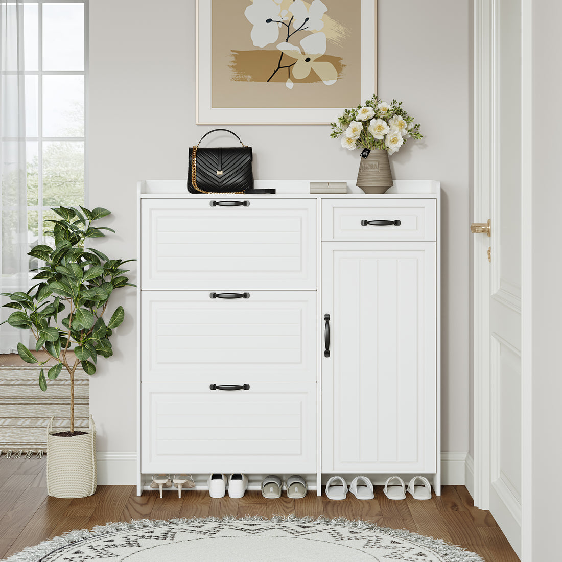 White color shoe cabinet with 4 doors 1 drawers,PVC door with shape ,large space for storage