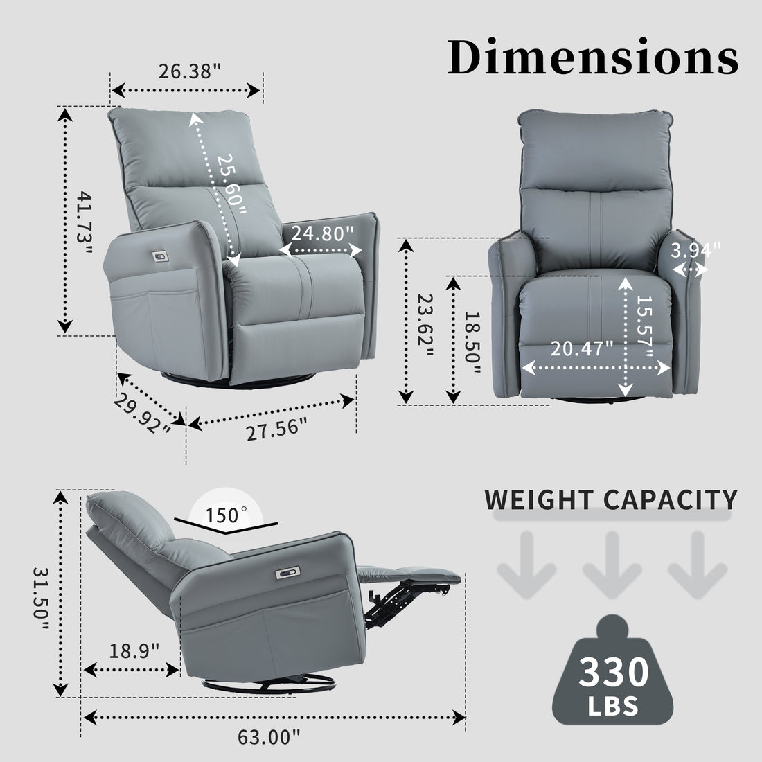 Adult electric swivel rocking chair, 270 ° swivel rocking chair, single sofa lounge chair (blue gray)