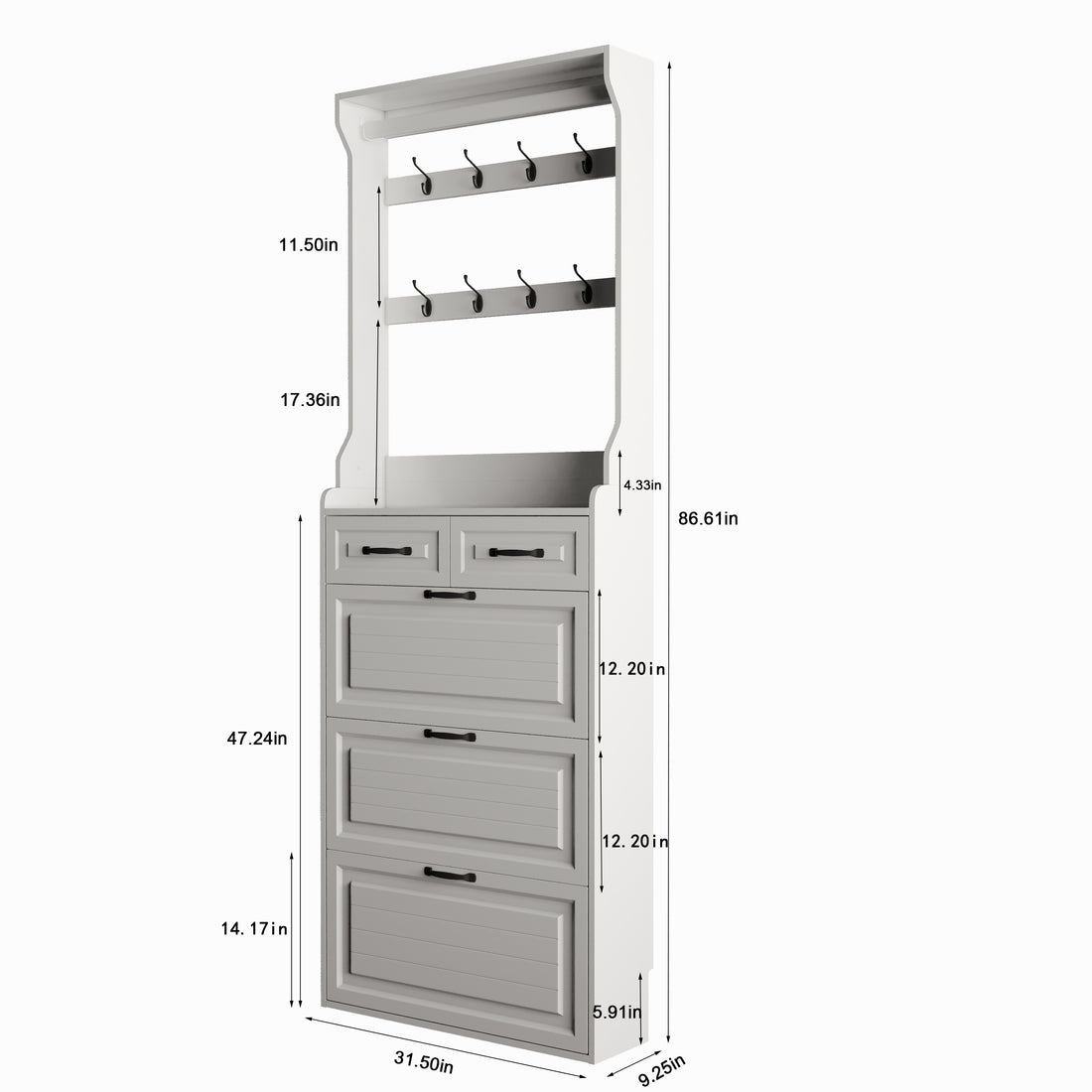 NEW White color shoe cabinet with 3 doors 2 drawers with hanger,PVC door with shape ,large space for storage