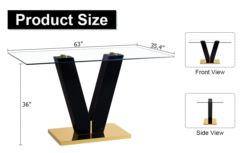 Large Modern Minimalist Rectangular Glass Dining Table for 6-8 with 0.4" Tempered Glass Tabletop and MDF slab V-Shaped Bracket