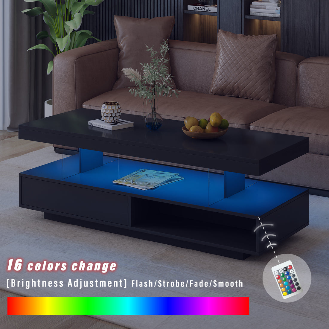 U-Can LED coffee table with storage space, modern central table with 2 drawers and display rack, equipped with LED lights, black