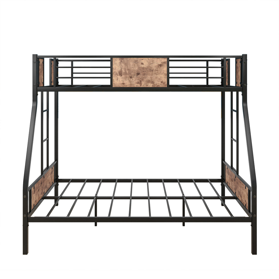 Twin Over Full Metal Bunk Bed Heavy Duty Metal Bed Frame with Safety Rail 2 Side Ladders & Decorative Wood