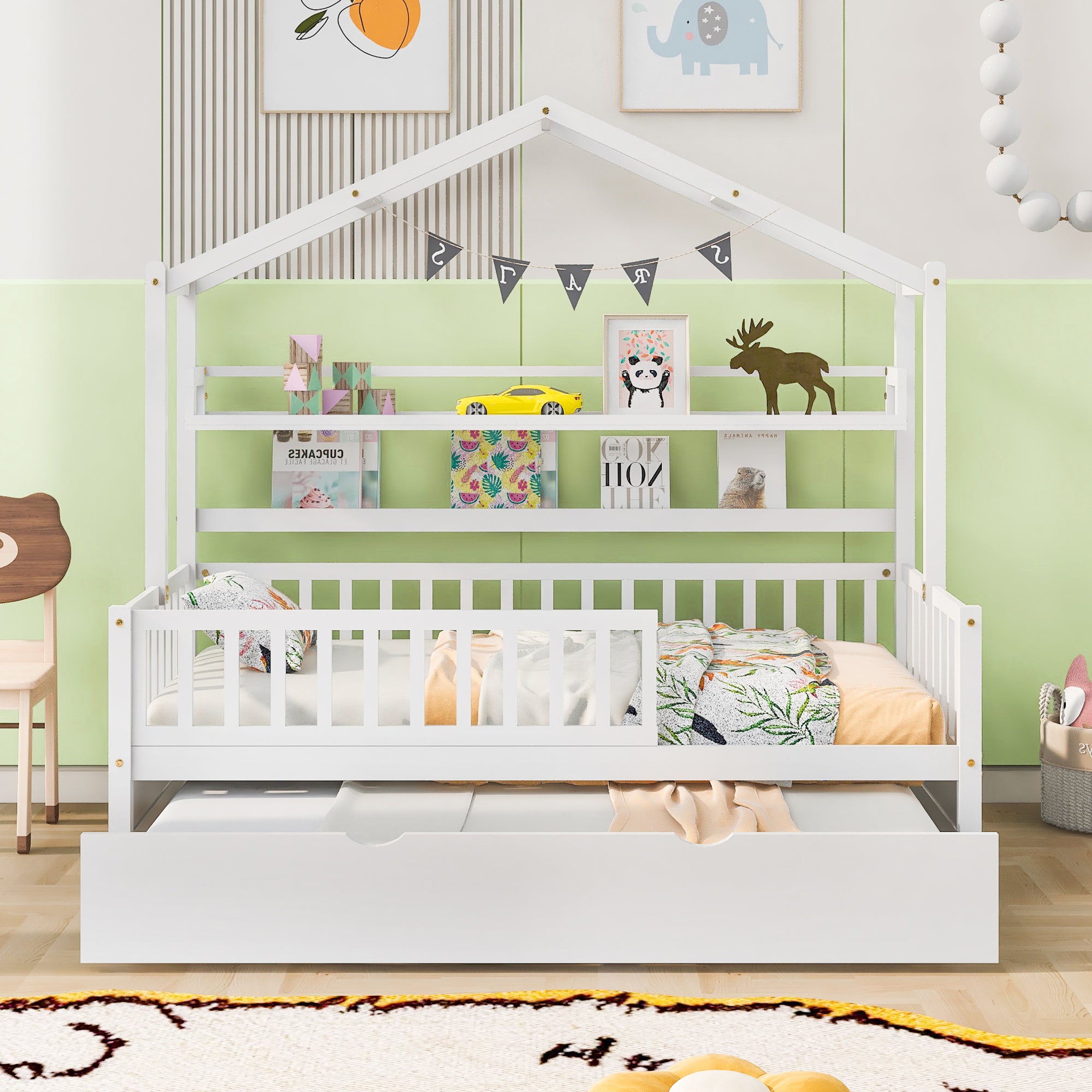 Wooden Twin Size House Bed with Trundle Kids Bed with Shelf White