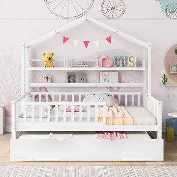 Wooden Full Size House Bed with Twin Size Trundle Kids Bed with Shelf White