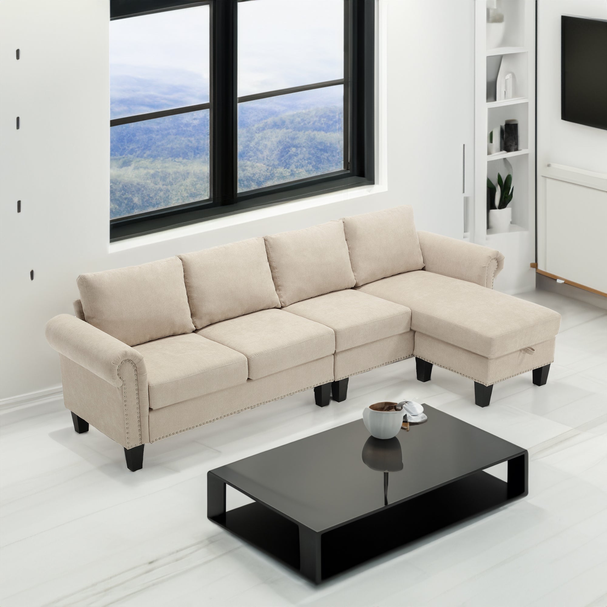 Convertible Sectional Sofa with Storage,L-shaped sofa,Four-seater sofa,Modern Linen Fabric Sectional Couches Beige