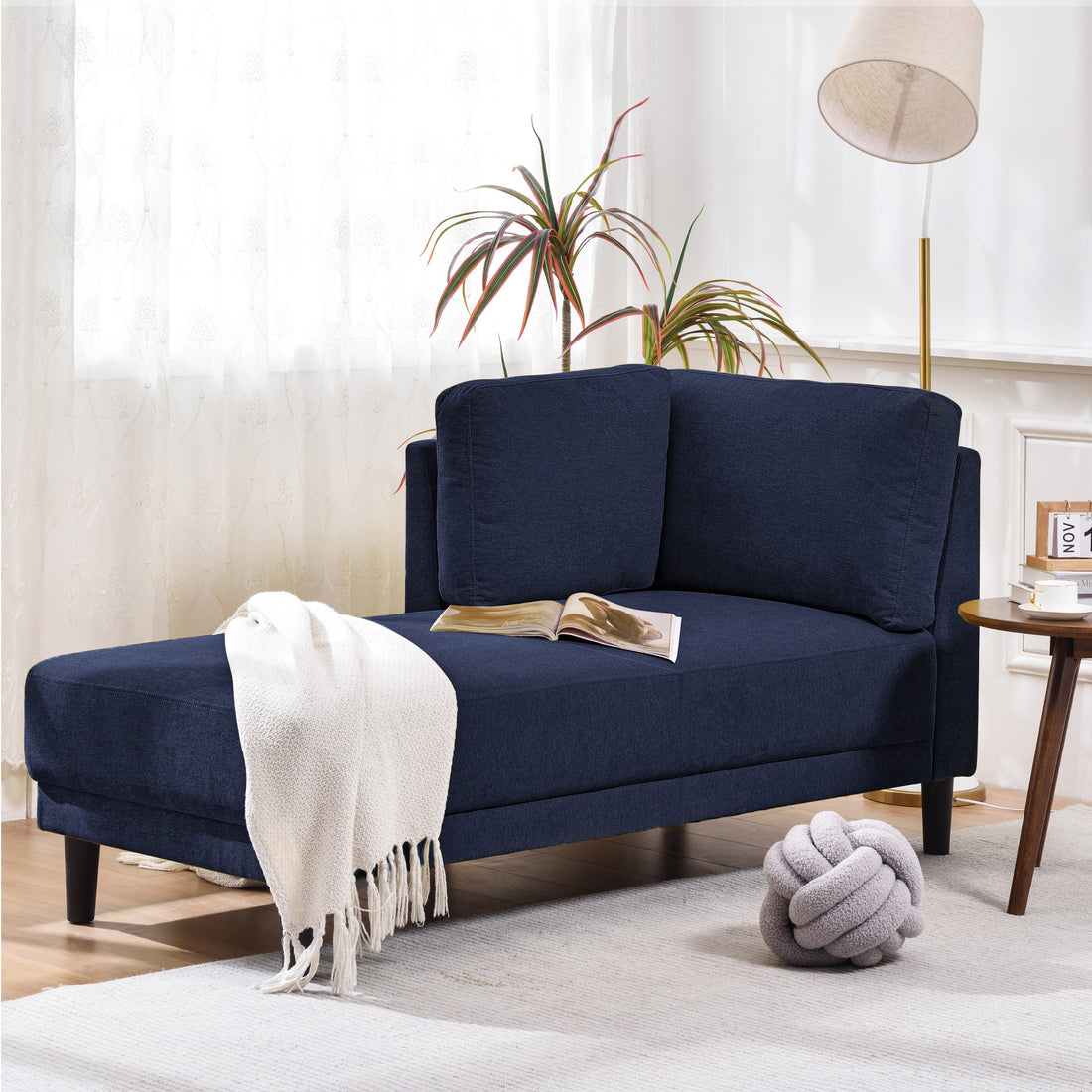 65" Mid-Century Modern Linen Fabric Corner Lounge Chair, Upholstered Indoor Chaise Lounge Solid Wood Sofa Bed for Bedroom