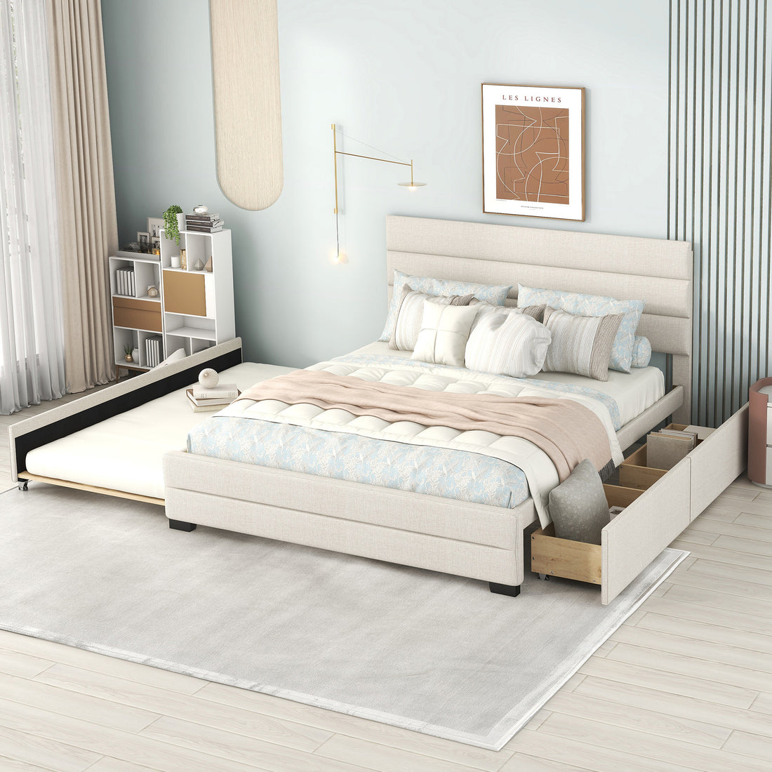 Queen Upholstered Platform Bed with Twin Size Trundle and Two Drawers  Beige