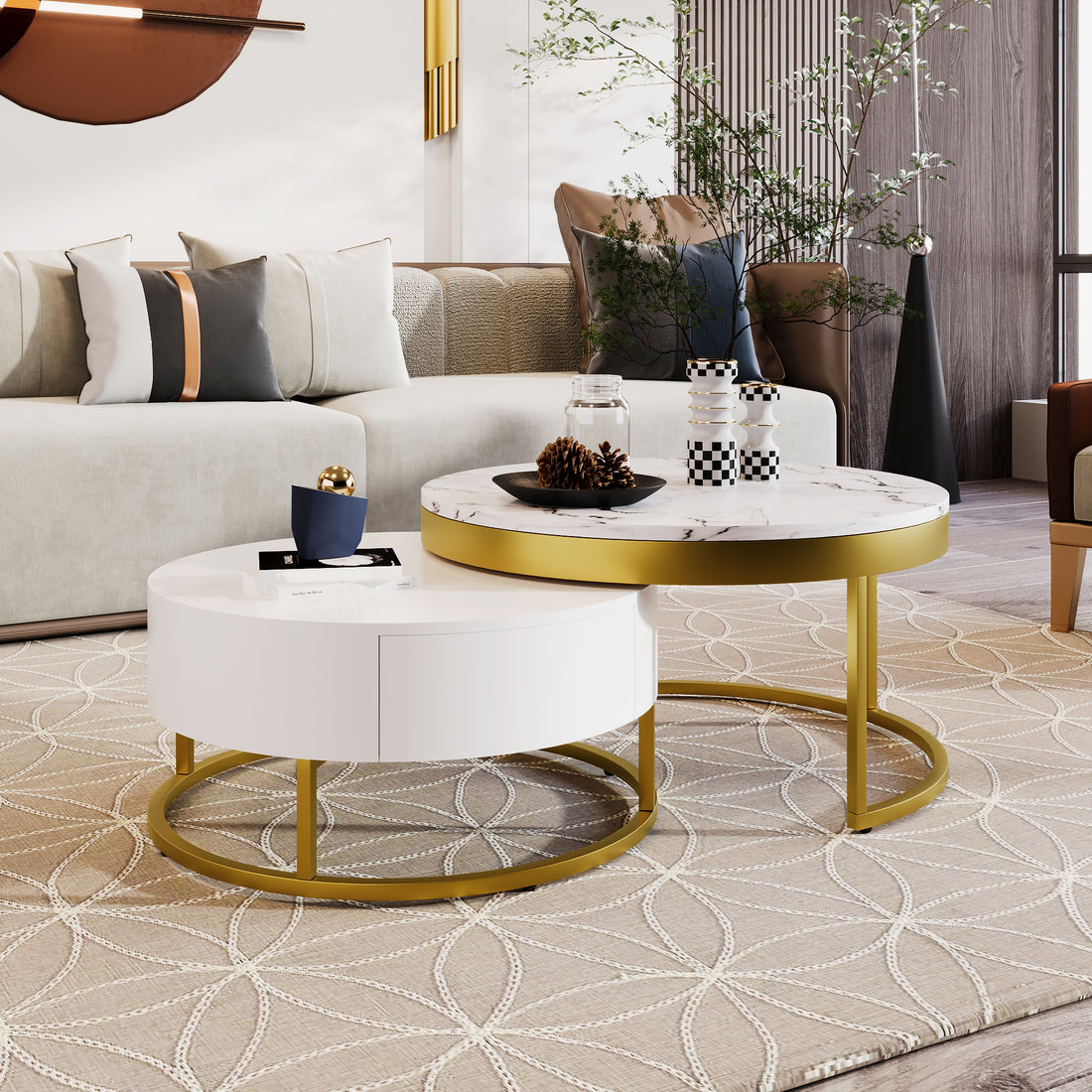 Modern Round Nesting Coffee Table with Drawers in White