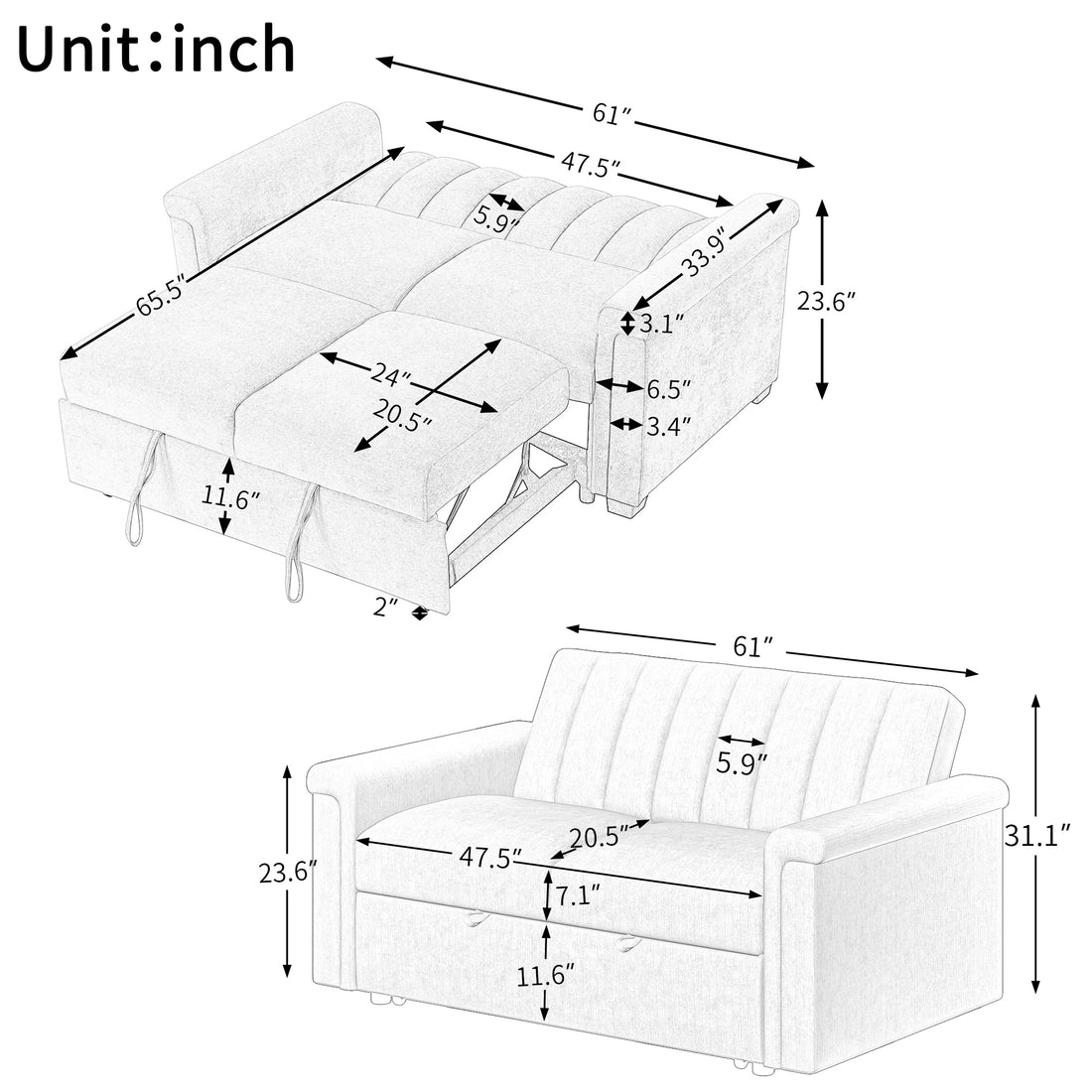 U_STYLE Convertible Soft Cushion Sofa Pull Bed ,for Two People to Sit On