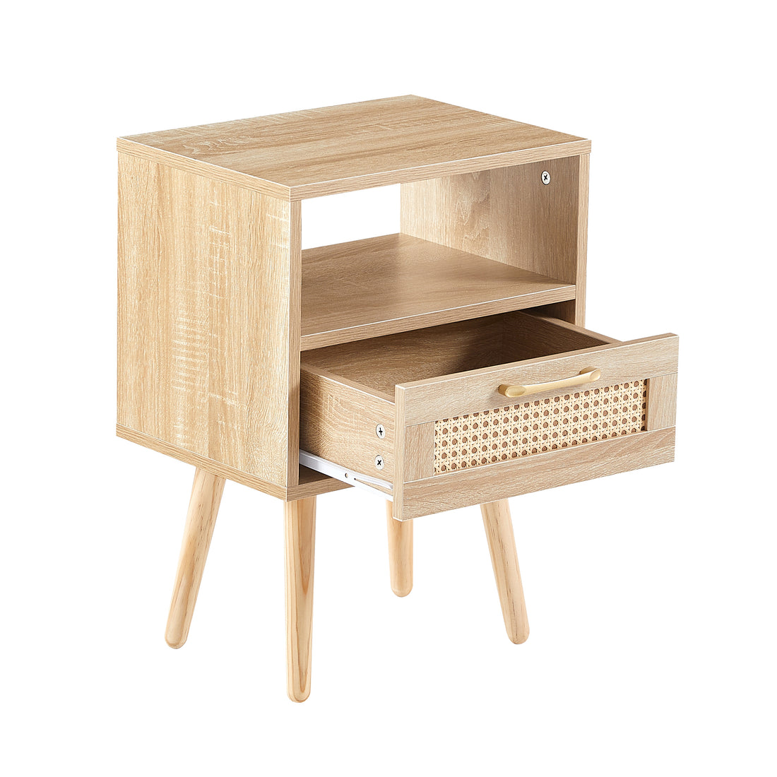 15.75" Rattan End table with drawer and solid wood legs Modern nightstand side table for living room natural