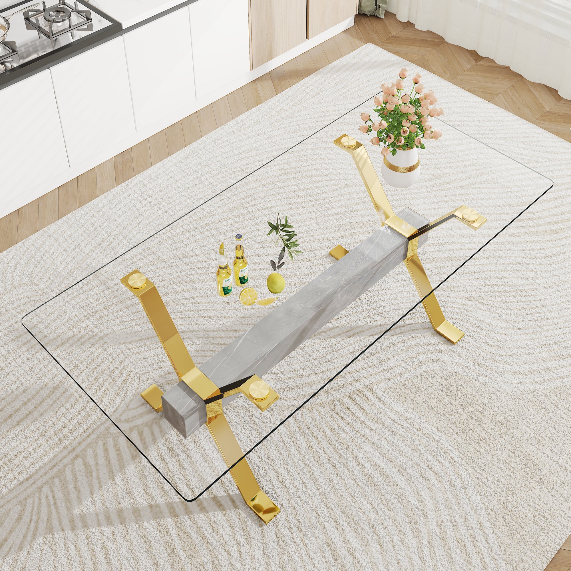 Dining table Modern tempered glass dining table Large modern office desk with gold plated metal legs and MDF crossbars