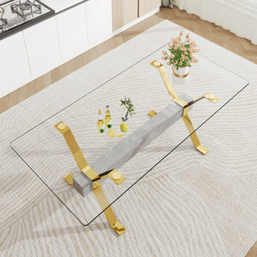 Dining table Modern tempered glass dining table Large modern office desk with gold plated metal legs and MDF crossbars