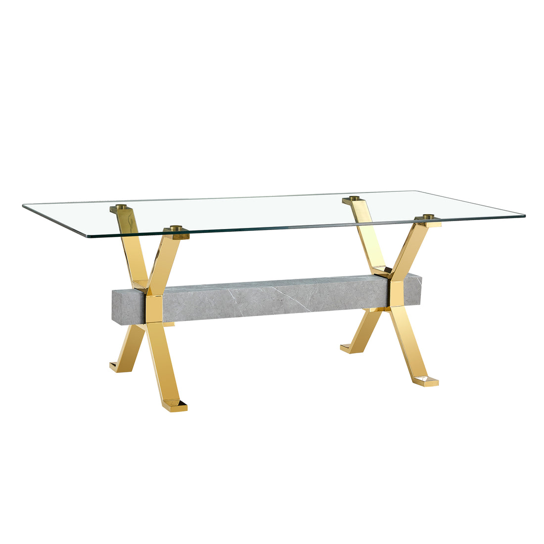 Dining table Modern tempered glass dining table Large modern office desk with gold plated metal legs and MDF crossbars