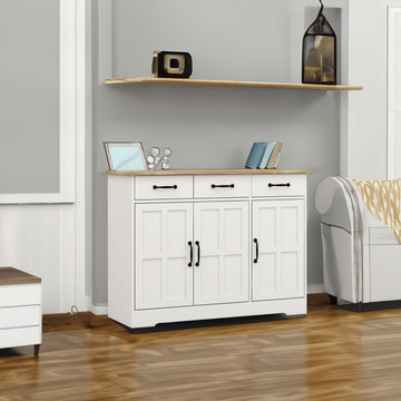 Farmhouse Buffet Cabinet Storage Sideboard with 3 Drawers and 3 Doors for Dining Living Room Kitchen Cupboard-White