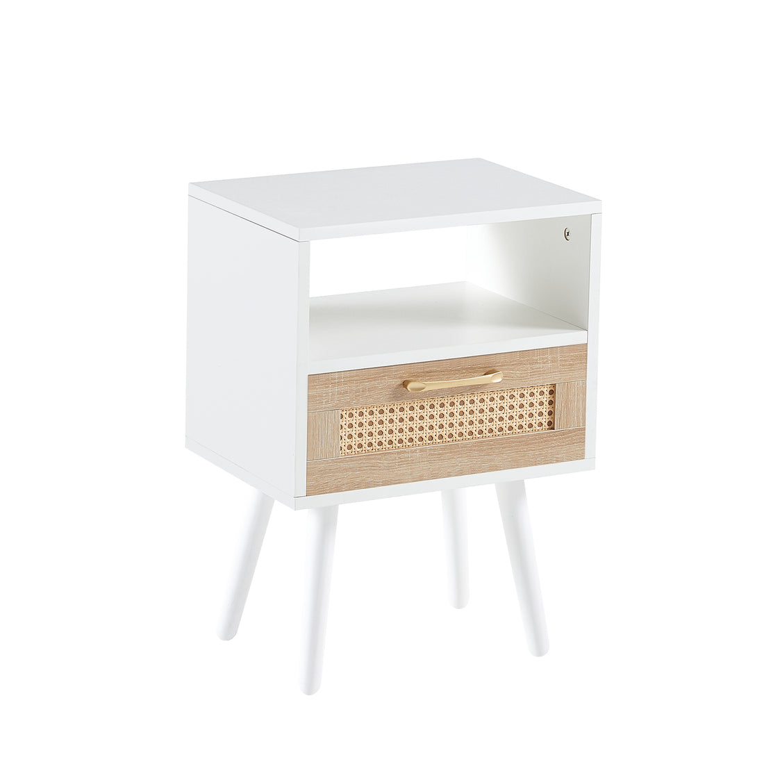 15.75" Rattan End table with drawer and solid wood legs Modern nightstand side table for living room  white