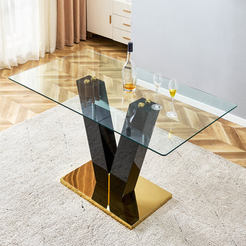 Large Modern Minimalist Rectangular Glass Dining Table for 6-8 with 0.4" Tempered Glass Tabletop and MDF slab V-Shaped Bracket