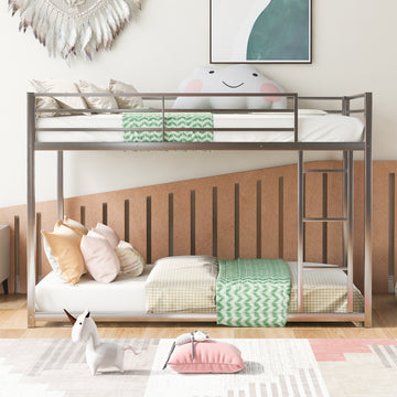 Twin over Twin Metal Bunk Bed, Low Bunk Bed with Ladder Silver