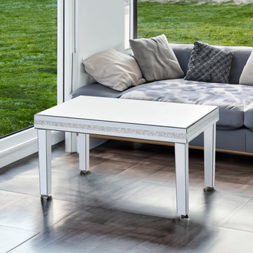 The ON-TRANS stylish modern glass mirrored coffee table features a crystal design and adjustable height legs in silver