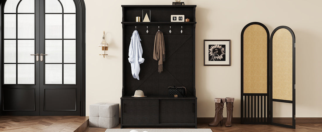 Hall tree with roof rack and storage platform, corridor shoe cabinet with sliding door, clothes hanger with 5 hooks black