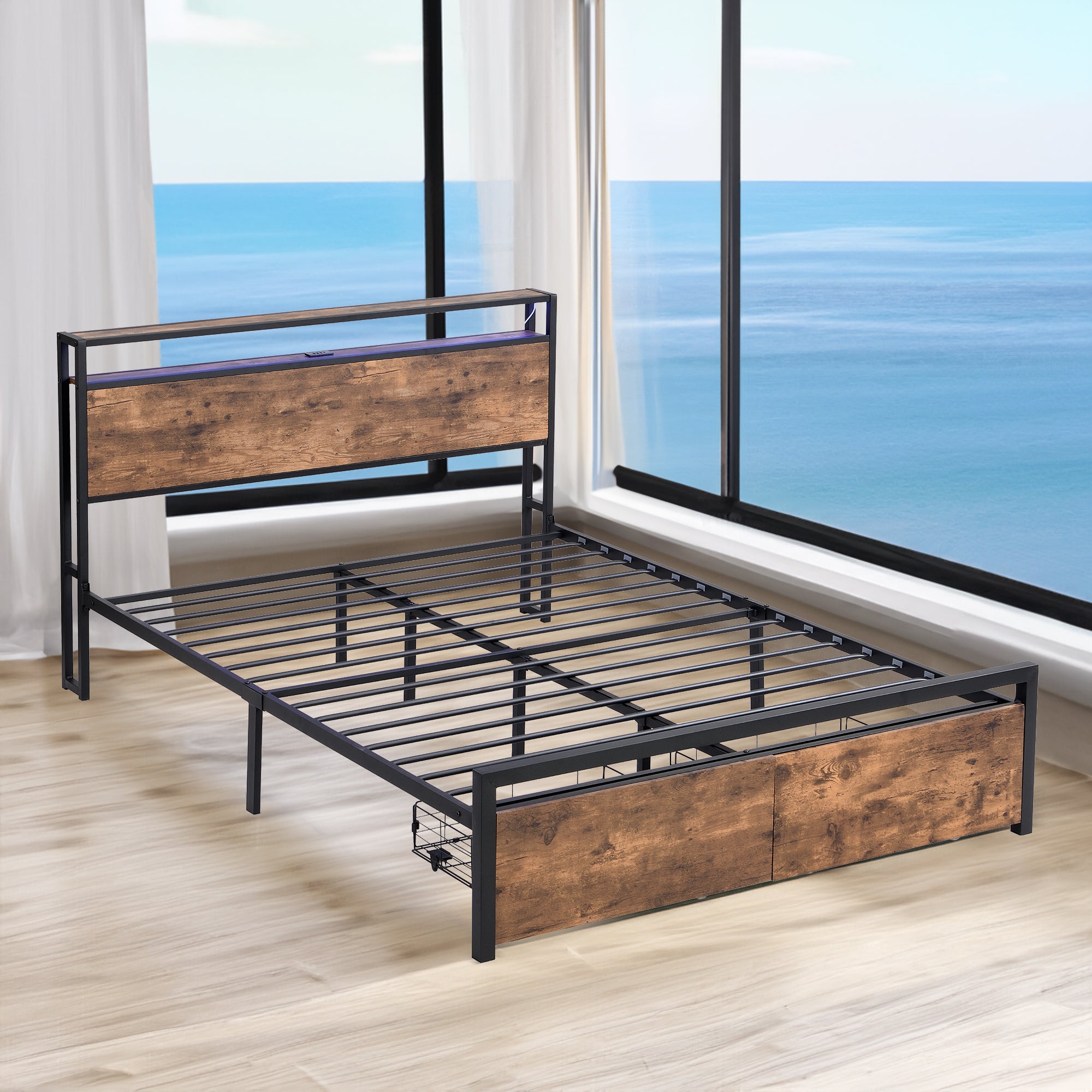 Large bed frame with storage headboard and 2 drawers, LED light bed, charging station, metal platform bed