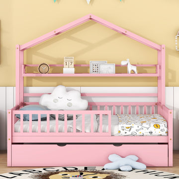 Wooden Full Size House Bed with Twin Size Trundle Kids Bed with Shelf Pink