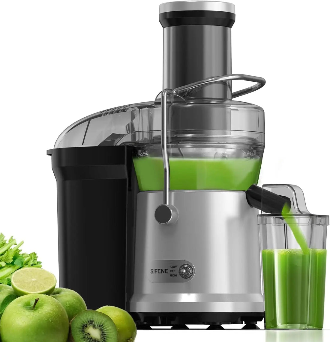 SiFENE Centrifugal Juicer Machine, Rapid 1000W Juice Extractor, Large 3.2'' Feed Chute for Whole Fruit & Veg Juicing, Gray