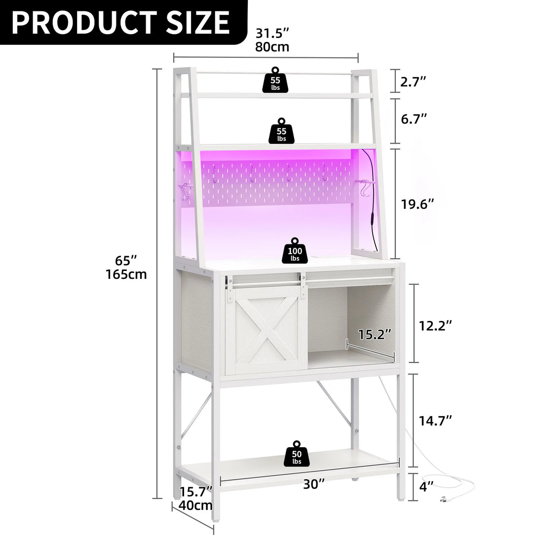 Kitchen Bakers Rack with Power Outlet and Sliding Barn Door Coffee Bar Station