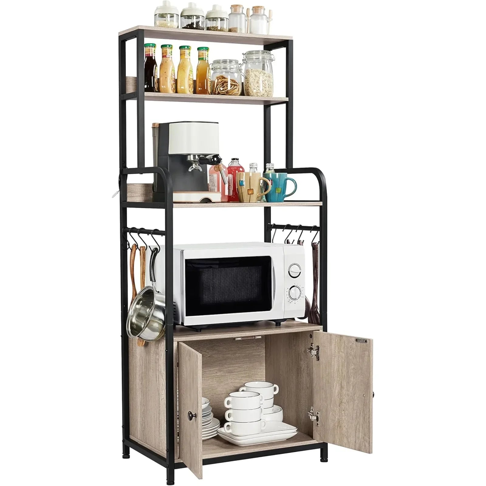 US 4-Tier Kitchen Bakers Rack with Storage Cabinet and Hutch, Microwave Oven Stand Coffee Bar Pantry Cabinet