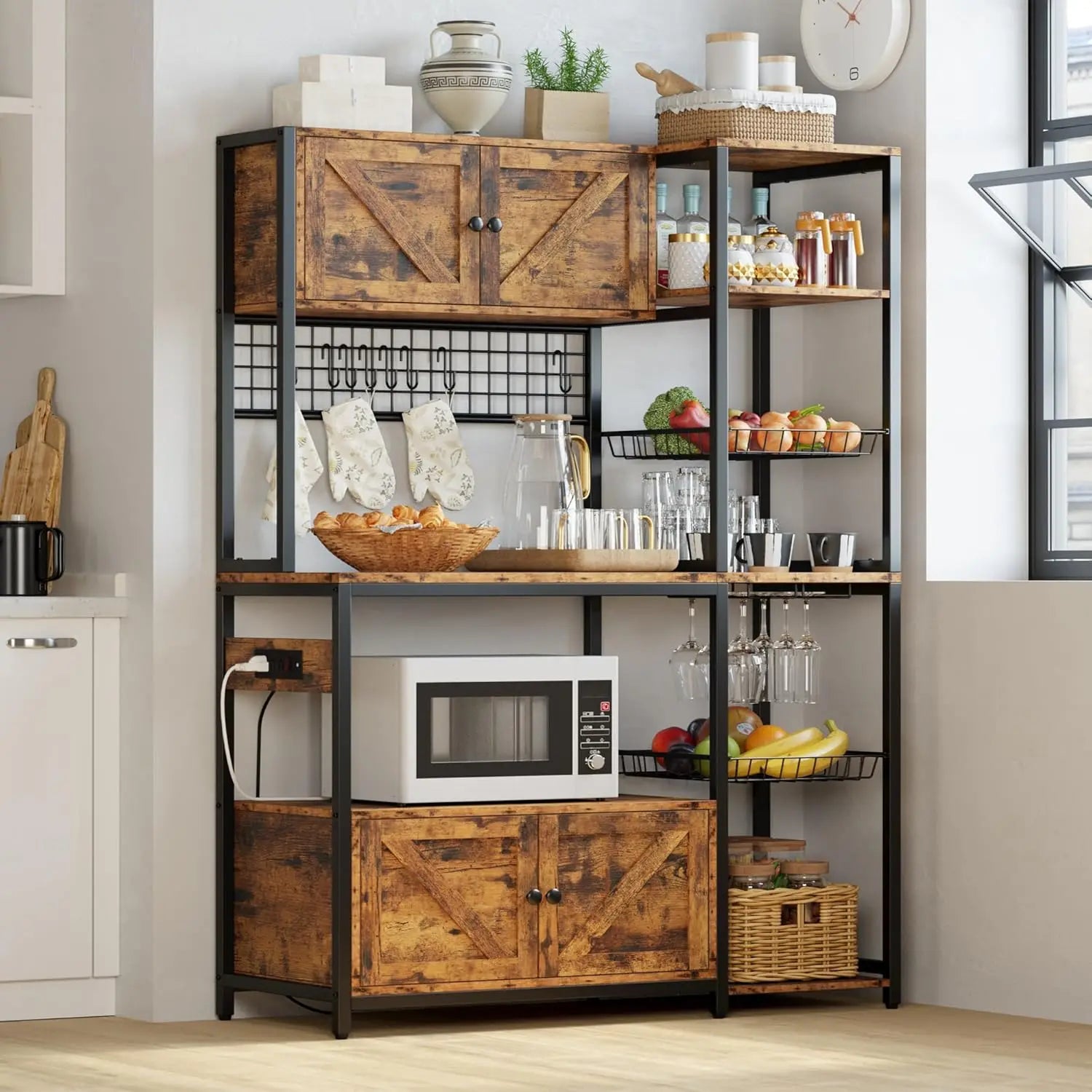 Bakers Rack with 2 Storage Cabinets and Power Outlet, 45.3 Inch Industrial Coffee Bar Cabinet Shelves, Kitchen Microwave